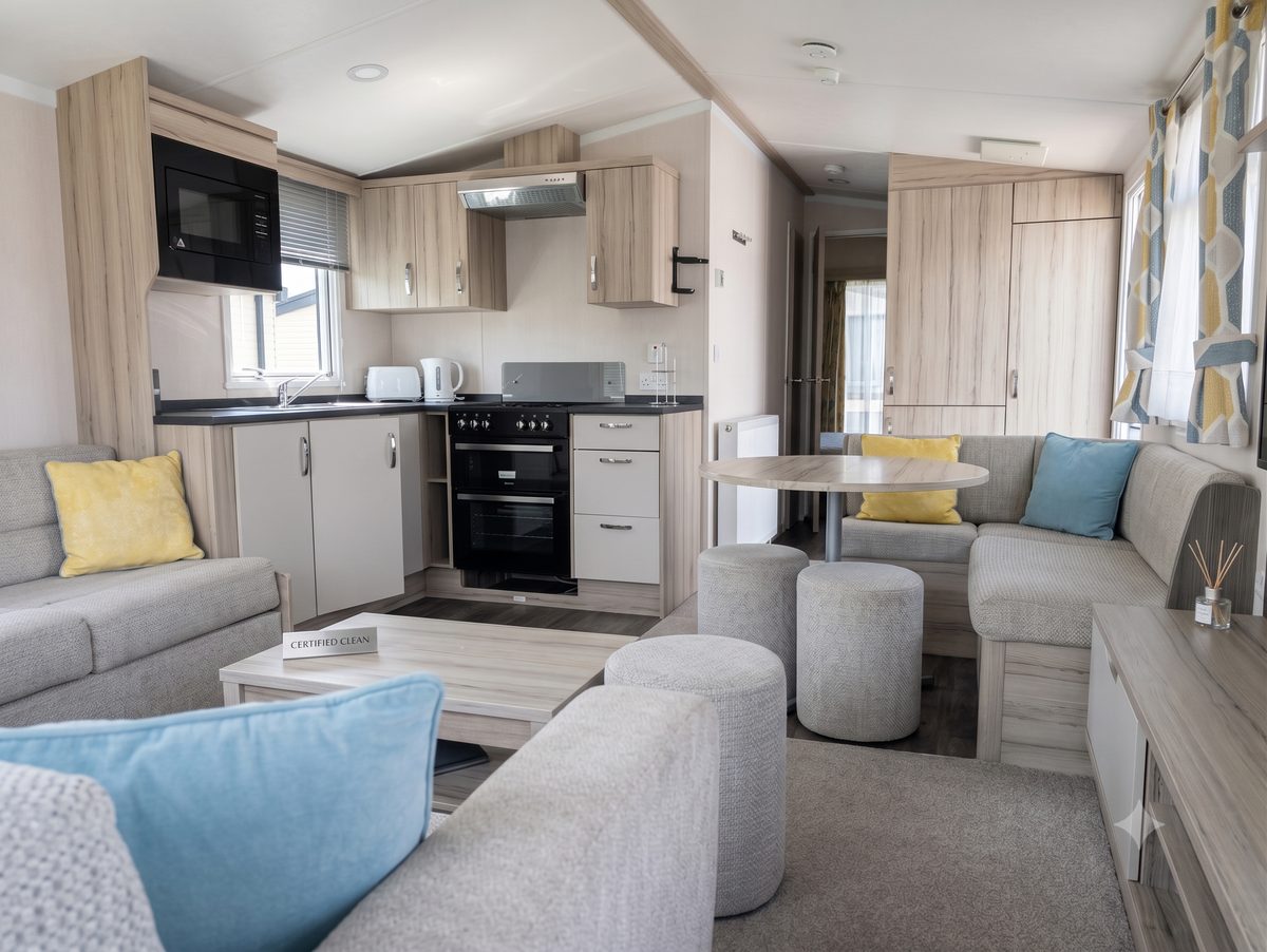 Interior of a modern holiday caravan, cleaned and ready for the next guest