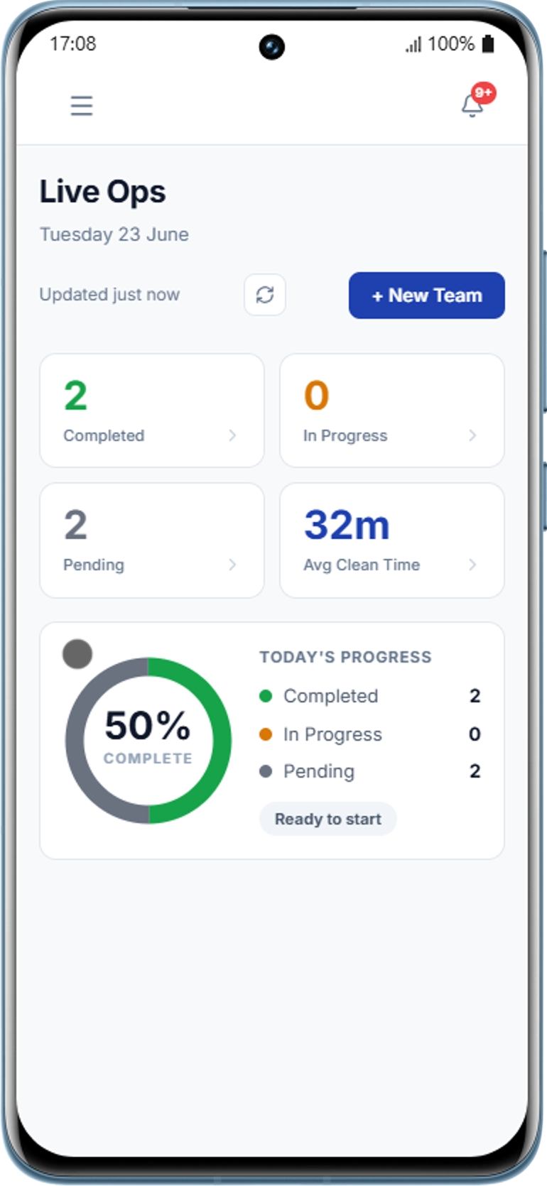 Tyst Android app on a Xiaomi phone showing the Live Ops dashboard with active cleaning jobs