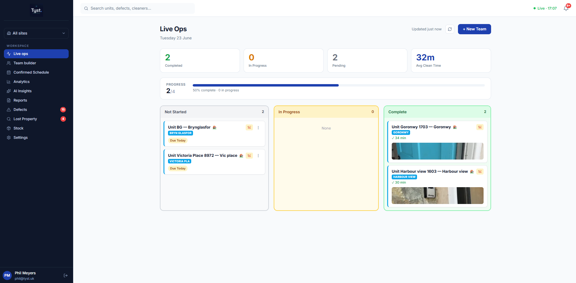 Tyst web app showing the Live Ops kanban board on a desktop browser